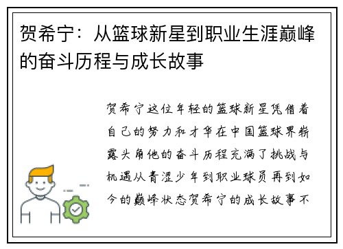 贺希宁：从篮球新星到职业生涯巅峰的奋斗历程与成长故事